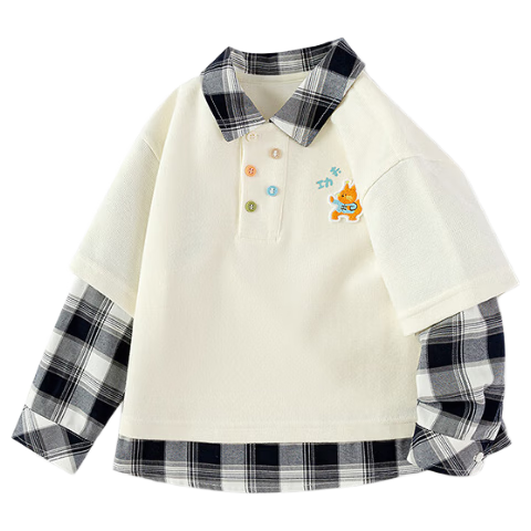 Balabala Boys' Plaid Patchwork Fake Two-Piece Long Sleeve Sweatshirt 2025 Autumn College Style 209325121101