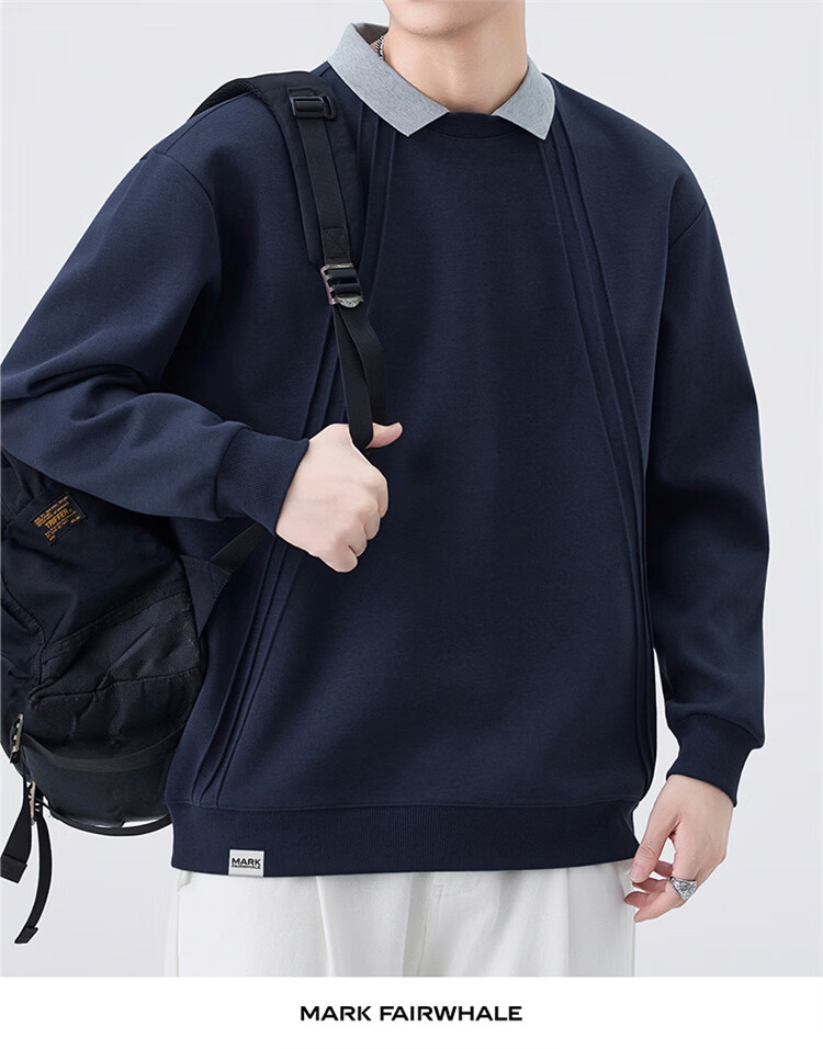 MARK FAIRWHALE Men's Sweatshirt Spring and Autumn Loose Casual Two-in-One Long Sleeve T-Shirt Men's Trendy Jacket Navy Blue XL 5