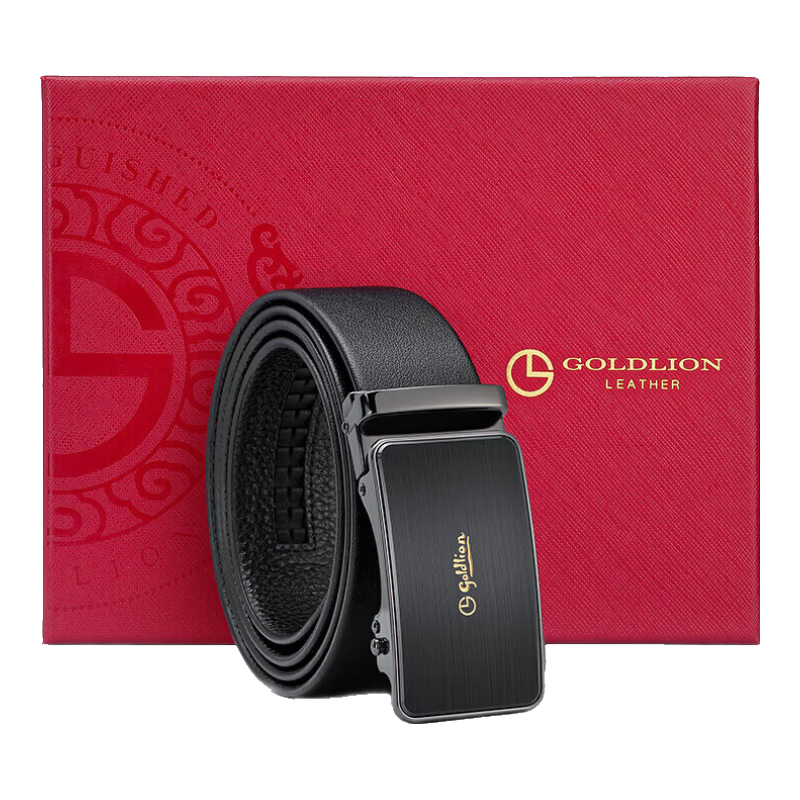 Goldlion Men's Automatic Buckle Belt, Business Waistband Gift Box, Top-Grain Leather Fashion Trouser Belt, Birthday Gift