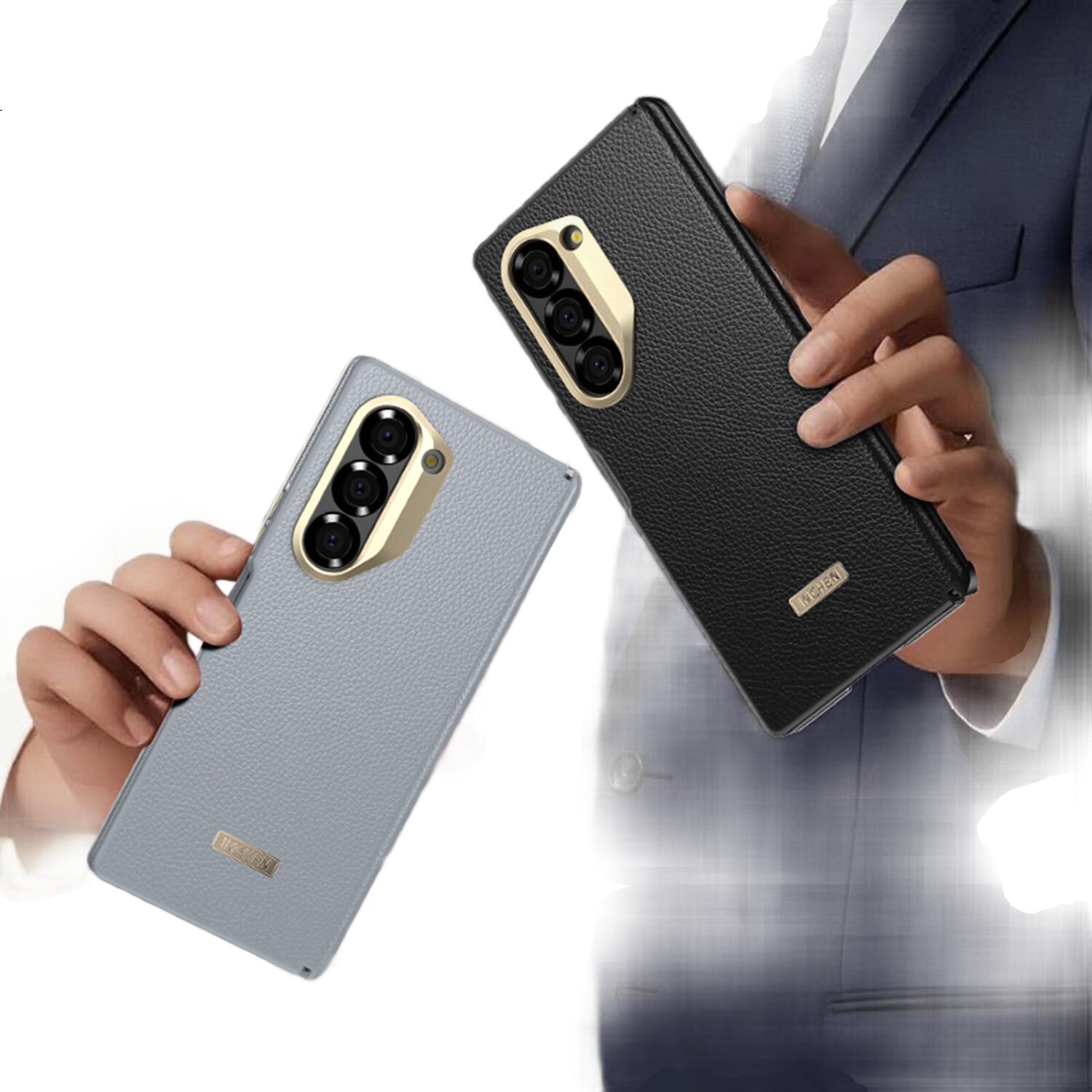 Чехол для Samsung Galaxy Z Fold6 Aimeichen, защита с двух сторон, центральная ось, кожаный чехол премиум-класса с магнитом, серый
