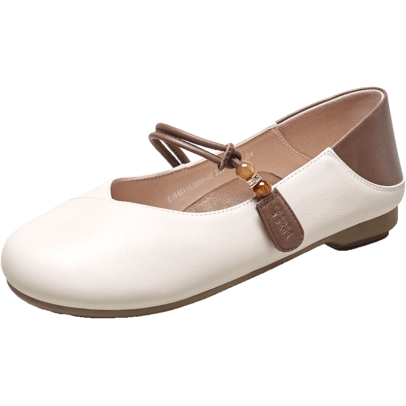 Eierkang Women's Genuine Leather Soft Sole Comfortable Mary Jane Flat Slip-On Mom Shoes 16908W Beige/Brown Size 38