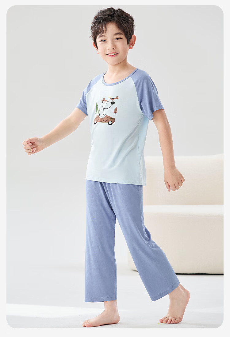 Urban Beauty Kids Boys' Summer Thin Short Sleeve and Long Pants Pajama Set for Older Children, Suitable for Home and Outdoor Wear 9