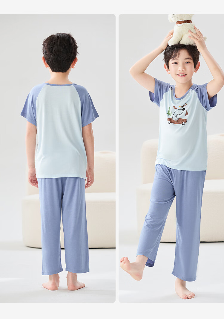 Urban Beauty Kids Boys' Summer Thin Short Sleeve and Long Pants Pajama Set for Older Children, Suitable for Home and Outdoor Wear 14