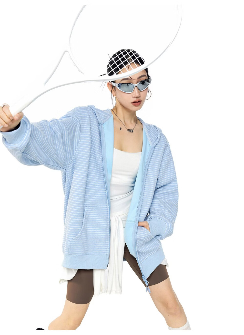 ICH MODE Celebrity Style Striped Hoodie Cardigan Sweatshirt for Women Spring Autumn New Sports Jacket Black M 9