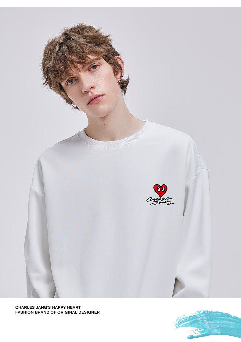 Charles Heart Sweatshirt Unisex Couple Casual Crewneck Love Heart Print Loose Fit Youth Simple Top Khaki 2XL 7
