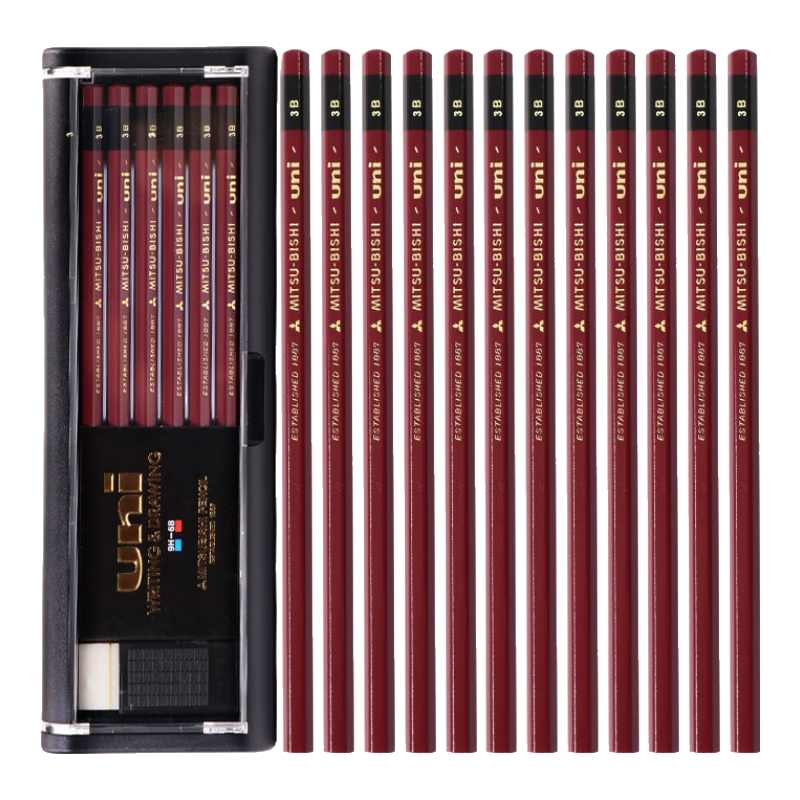Uni Mitsubishi Gold Pencil 3B, Wooden Pencil for Writing, Drawing, Sketching And Design, 12 Pencils/box (With Eraser), 1887