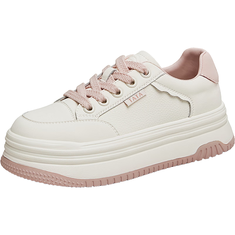 TATA Cotton Candy Thick Sole Sneakers Women Lightweight Breathable Height Increasing White Shoes Beige/Pink AM5 37