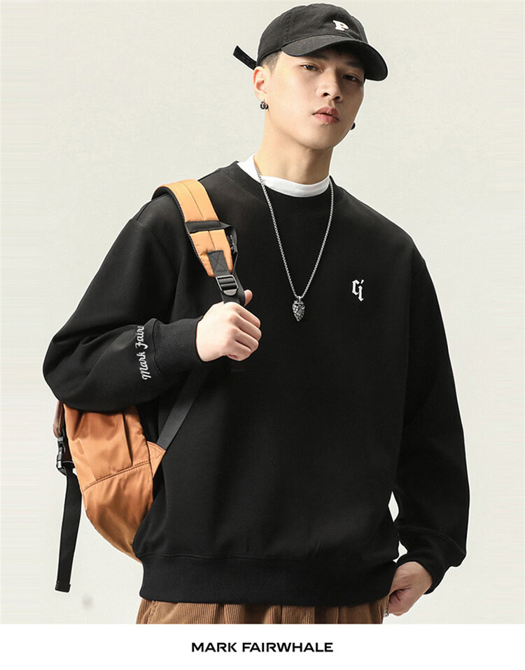 MARK FAIRWHALE Men's Sweatshirt Spring Autumn American Heavyweight Trendy Long Sleeve T-Shirt Casual Top Black XL 10