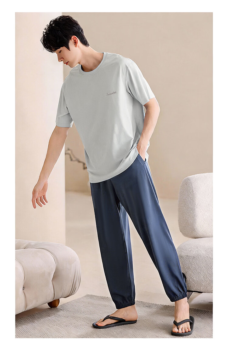 Yiershuang Men's Pure Cotton Summer Short Sleeve Pajamas 2026 New Antibacterial Mite-Resistant Casual Breathable Homewear Set Suitable for Outdoor Wear 6