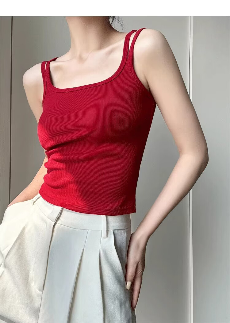 La Chapelle Red Spaghetti Strap Tank Top for Women Summer Outerwear with Built-in Padded Bra, Beautiful Back Inner Wear, Wine Red XL 5