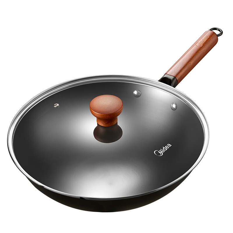 Midea 32cm Round Bottom Iron Wok, 0 Coating, Rust-Resistant, Compatible with Gas and Induction Stoves