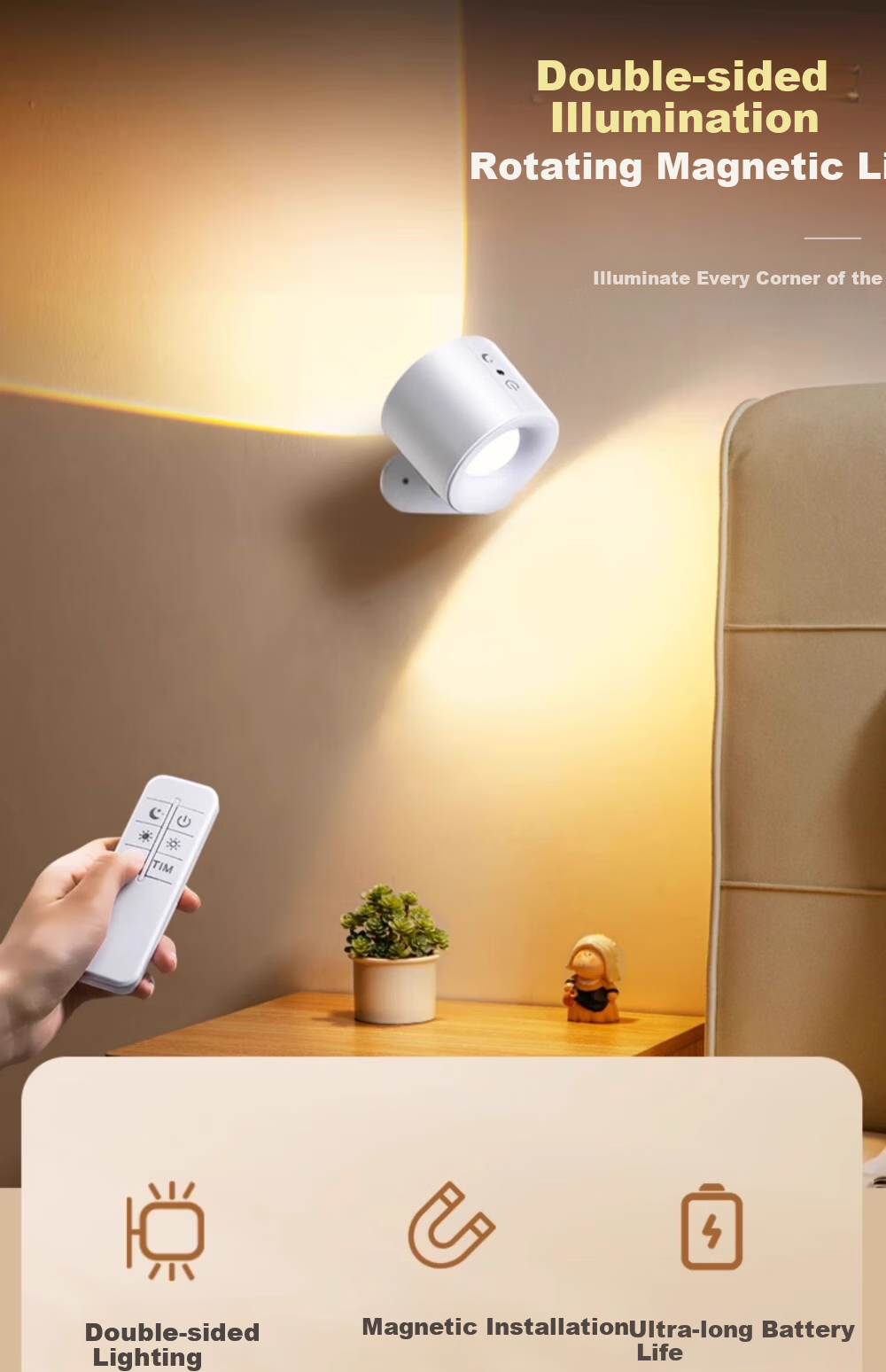 Guan'an Magnetic Wireless Spotlight No Drilling Small Hill Bedside Reading Lamp Wireless Remote Control Lighting [Rechargeable Remote Model - 1800mAh] White/Three-Color Adjustable 1