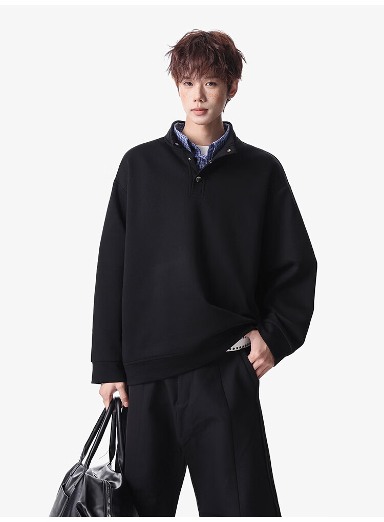 Foss Phil Men's Long Sleeve Sweatshirt Spring Summer American Polo Shirt High Street Vintage Loose Fit Top Black XL W6061 15