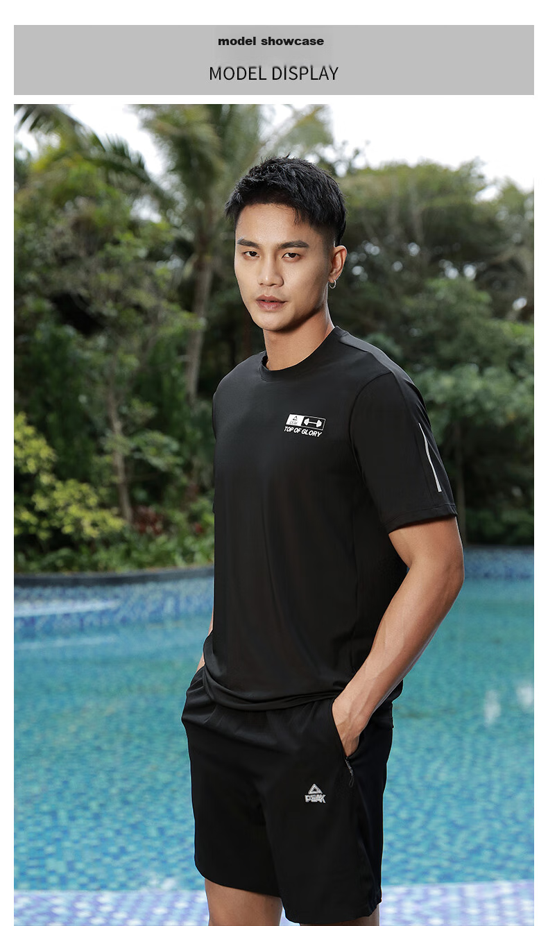 PEAK Men's Sports Set, Quick-Dry Breathable Casual Fitness Short-Sleeve Shorts Two-Piece Set, Black, Size L 11