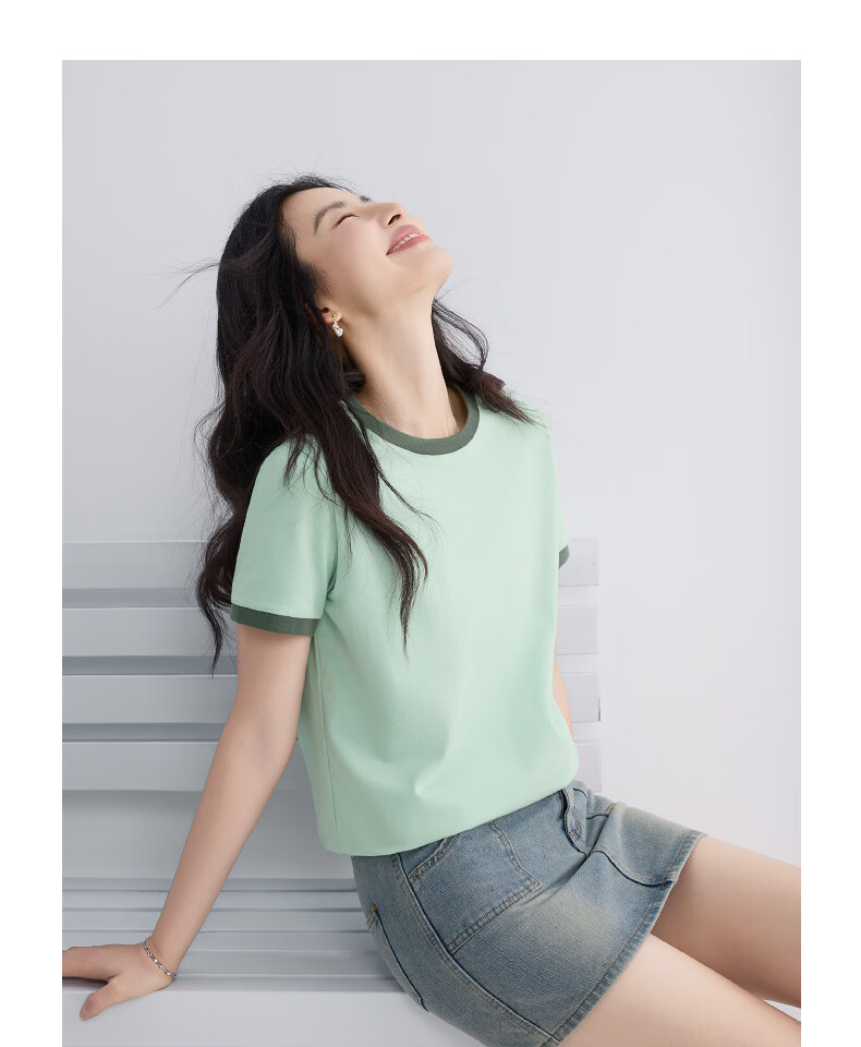 Urban Beauty Pure Cotton Short Sleeve Women's T-Shirt Summer 2026 New Plus Size Slimming Top Petite Color Block Casual Tee 9