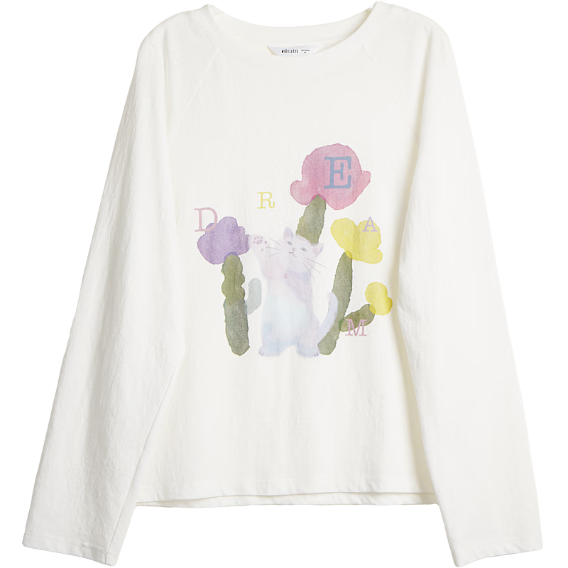 Olrain Casual Fun Cat Print Loose Long Sleeve T-Shirt Women Spring New Round Neck Top White S