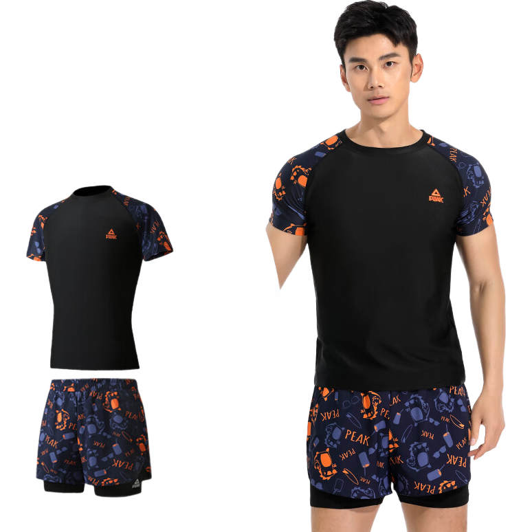 Peak Men's Two-Piece Short Sleeve Swimwear with Boxer Briefs, Double-Layer Swim Trunks for Beach and Hot Springs, Model X3L
