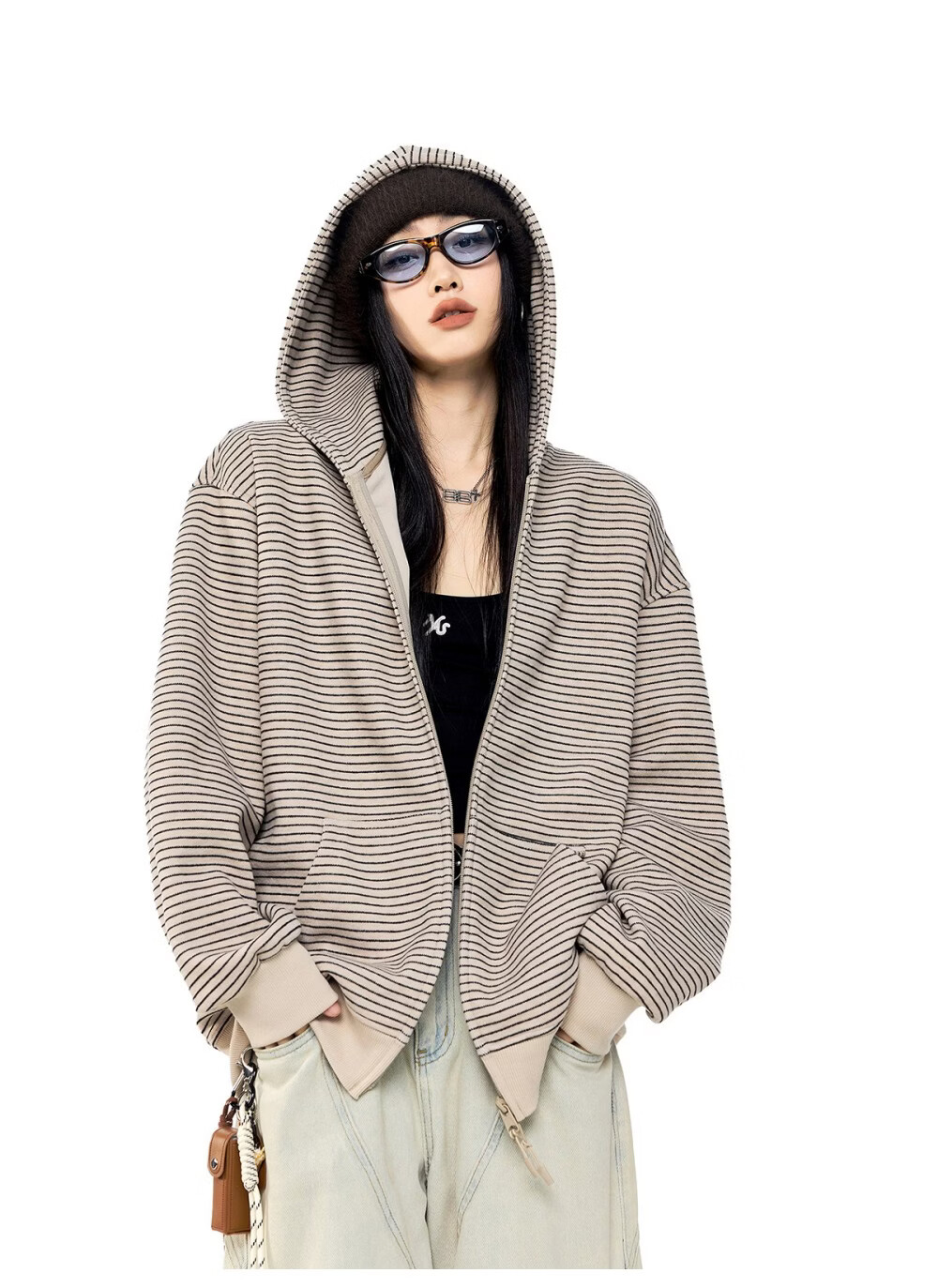 ICH MODE Celebrity Style Striped Hoodie Cardigan Sweatshirt for Women Spring Autumn New Sports Jacket Black M 27