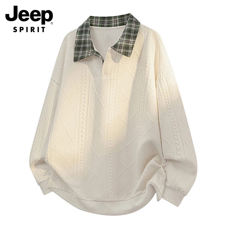 JEEP SPIRIT Men's Spring Loose Fit Trendy Plaid Casual Polo Shirt with Faux Two-Piece Design Beige M