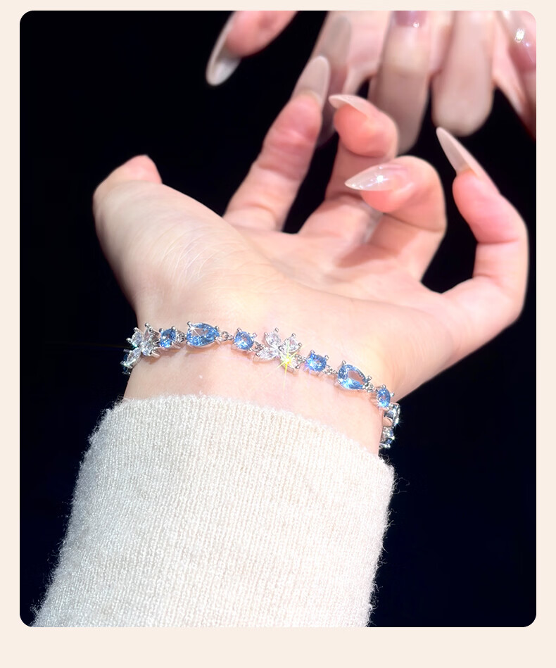 Chow Tai Fook [1000+ Stores] Ice Blue Butterfly Trail Women's Bracelet Full Diamond Niche High-End Bracelet Gift for Girlfriend 8