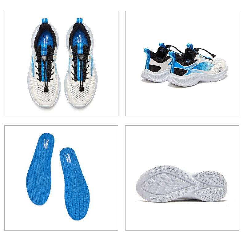 ERKE Kids Sports Shoes Boys and Girls Children's Lightweight Running Shoes with Drawstring Microcrystalline White/Sea Wave Blue/True Black Size 39 29