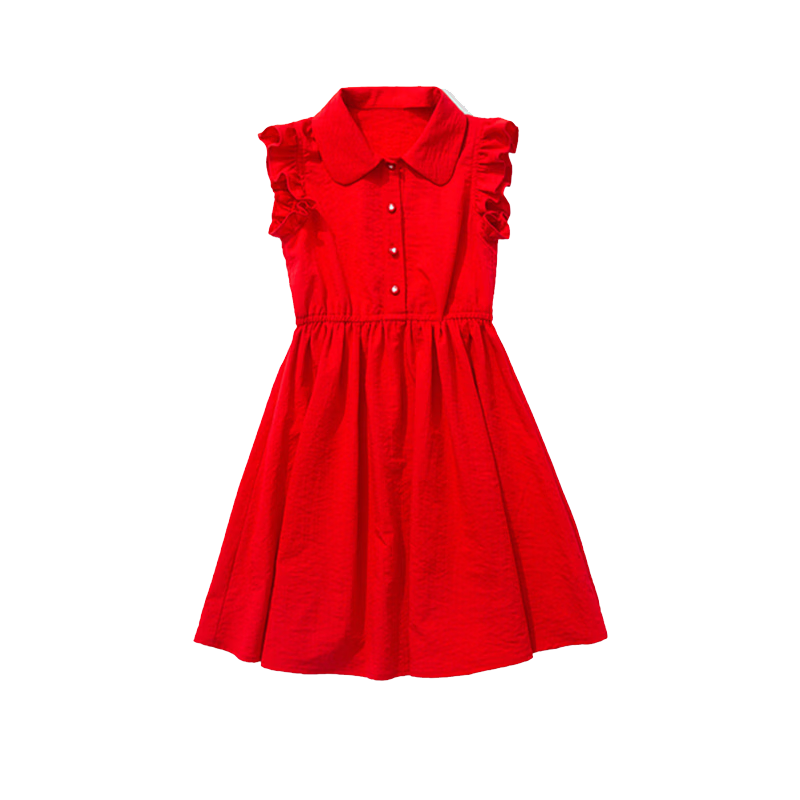 ASK JUNIOR Girls' Summer Dress, Sleeveless Children's Ruffle Trim Thin Shirt Collar Vacation Princess Dress
