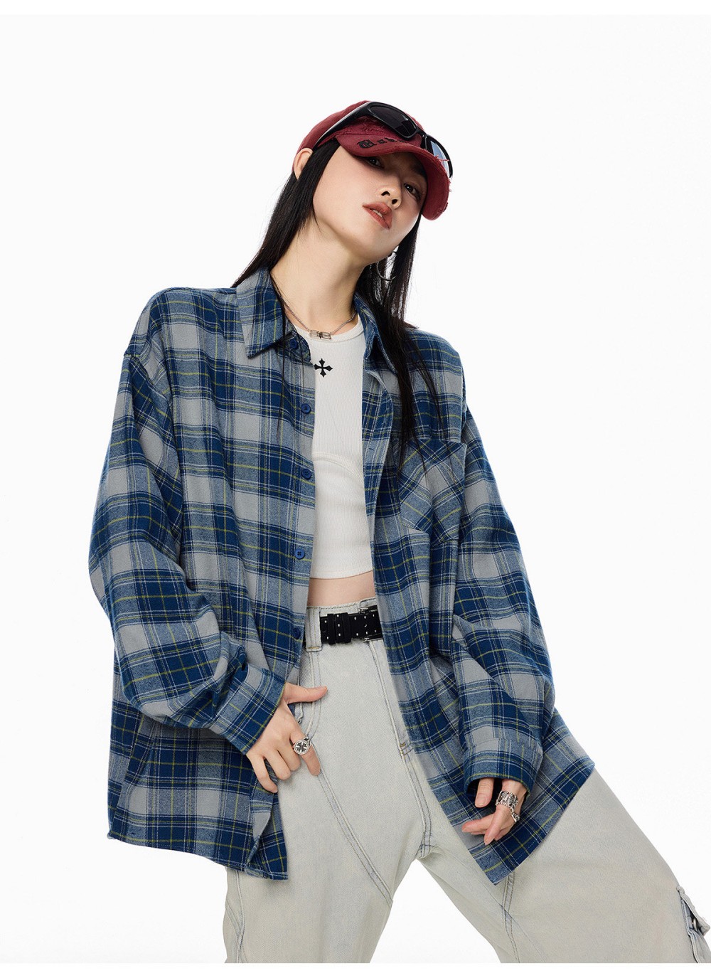 ICH MODE Women's American Style Blue Plaid Shirt Spring New Loose Casual Long Sleeve Shirt Jacket Top Blue L 20