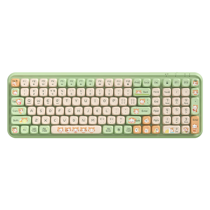 B.O.W Hangshi K509DL Wireless Bluetooth Tri-mode Keyboard for Huawei Xiaomi Apple Laptop Desktop Rechargeable 104 Keys Green Cat Design