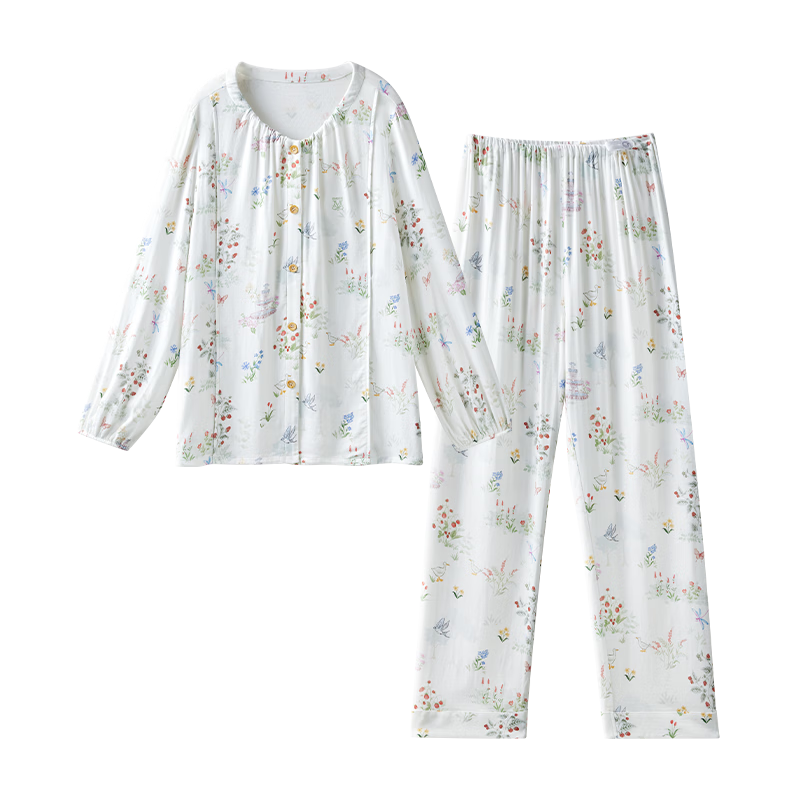 EMXEE Spring Autumn Maternity Nursing Pajamas Postpartum Stretch Silk Linen Cotton Light Grass Mambo Maternity Homewear Set Size L