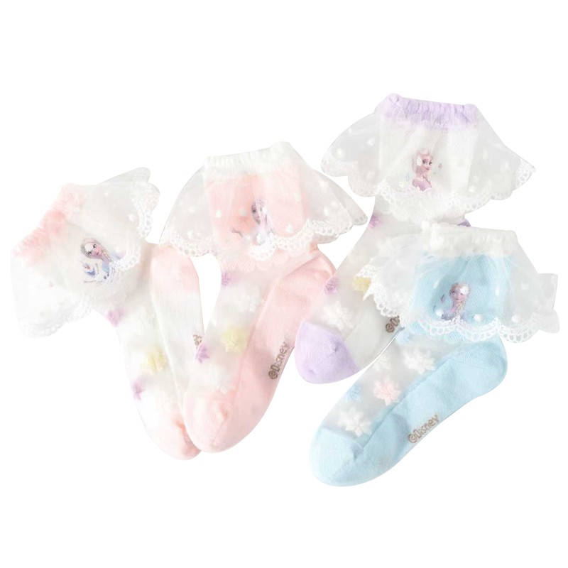Disney Kids Socks Spring Summer Mesh Breathable Girls Cotton Socks Frozen Lace Mid-Calf Socks DSP3582 4 Pairs 20-22cm
