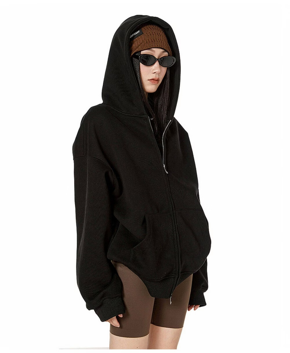 ICH MODE Women's American Style Hoodie Jacket 2026 Spring Autumn New Loose Fit Zip-up Lazy Long Sleeve Top Black S 29