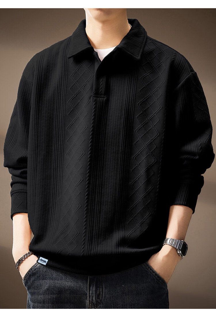 JEEP Men's Spring Autumn Polo Collar Long Sleeve Heavyweight T-Shirt Sweatshirt Black 3XL 14