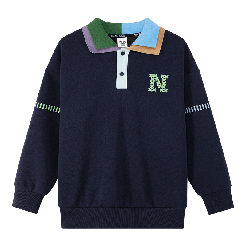 Zuo Xi Boys' Polo Collar Sweatshirt 2026 New College Colorblock Children's Spring Top Deep Navy 170