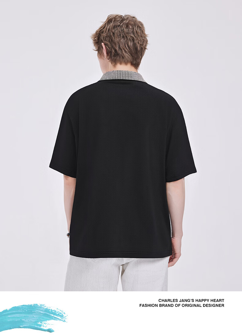 Charles Peach Heart Summer Small Heart Color-Block Breathable Cotton-Padded Couple Casual Unisex Short Sleeve Polo Shirt Off-White XS 10