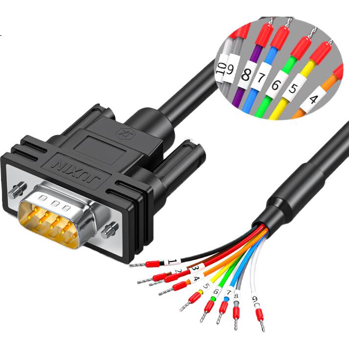 Кабель JUXIN DB9 Solderless Connector, одножильный мужской разъем DB9, последовательный порт 232, 9-контактный терминальный провод, соединительный кабель, 24AWG с двойным экранированием, с трубкой для номеров, 1,5 метра