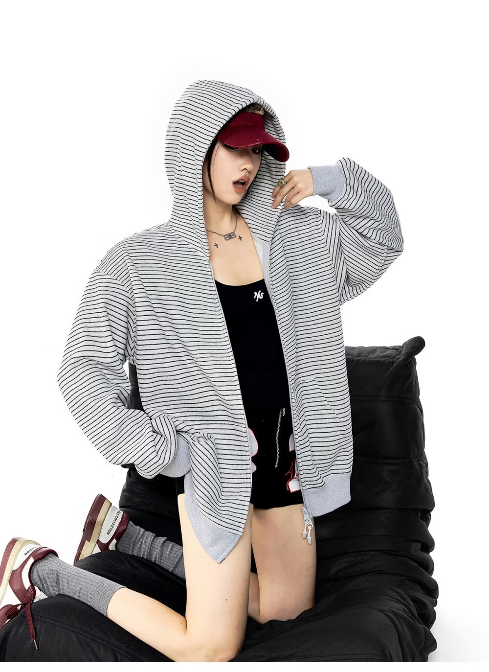 ICH MODE Celebrity Style Striped Hoodie Cardigan Sweatshirt for Women Spring Autumn New Sports Jacket Black M 20