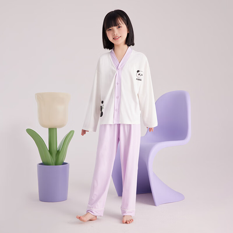 Hodo Kids Children's Homewear Boys and Girls New Cardigan Air Conditioning Clothes Big Kids Pure Cotton Pajama Set Lilac Purple 120