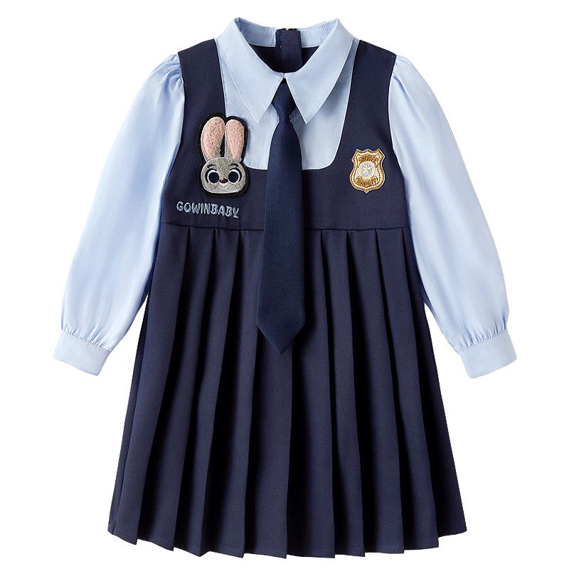 GOWINBABY Girls' School Style Dress 2026 Spring Rabbit Police Officer JK Uniform Skirt New Arrival