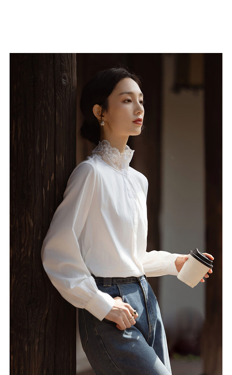 Demana Spring French Lace Lapel Long Sleeve Shirt Petite Elegant Women's Top with Full Cotton-Blend Stretch 11
