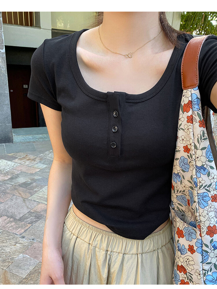 Ordifen 10A Antibacterial Women's Base Shirt 91% Cotton U-Neck Shoulder Short Sleeve T-Shirt Spring Summer Button Slim Fit Inner Wear Black XL 5