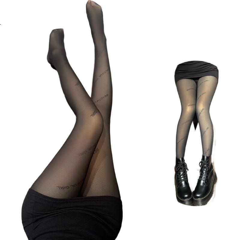 Zhenmei [Fleece-Lined Bare-Leg Magic] Women's Autumn Winter Nude Feeling Warm Lettered Tights Black 0581