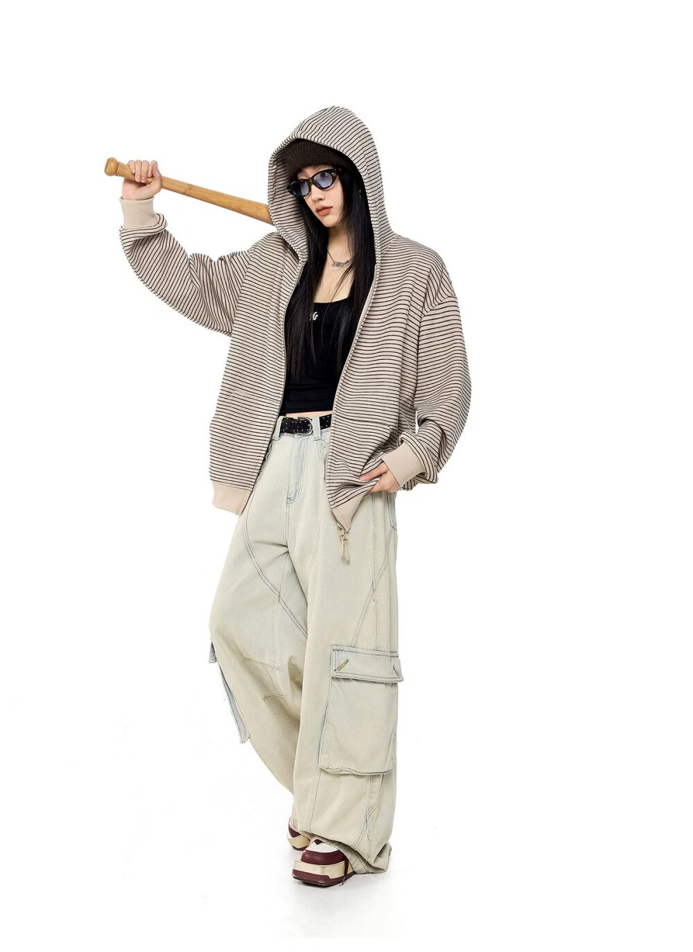ICH MODE Celebrity Style Striped Hoodie Cardigan Sweatshirt for Women Spring Autumn New Sports Jacket Black M 30