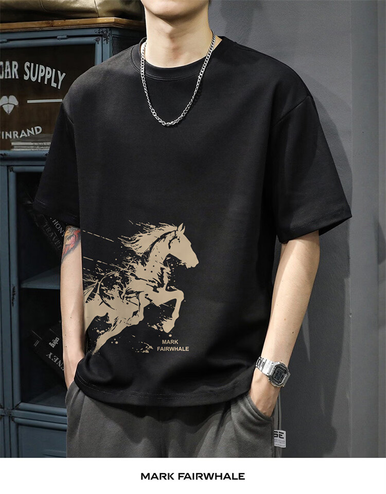 MARK FAIRWHALE Men's Heavyweight Short Sleeve T-Shirt Summer Year of the Horse Limited Edition New Year Cotton Trendy Navy Blue S 8