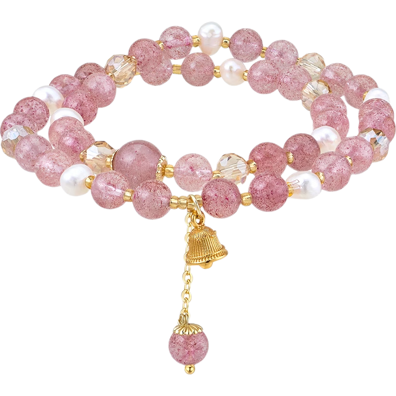 AJIDOU Women's Bracelet, New Chinese-Style Elegant Quartz Rock Jade Double-Layered Layered Bell Pendant Pearl Bracelet for Mid-Autumn Festival