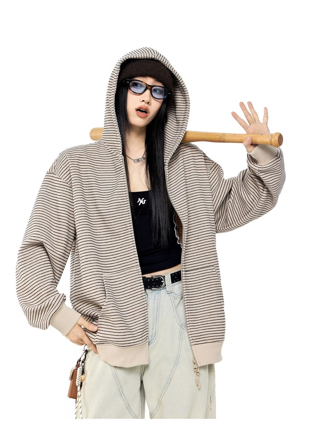ICH MODE Celebrity Style Striped Hoodie Cardigan Sweatshirt for Women Spring Autumn New Sports Jacket Black M 29