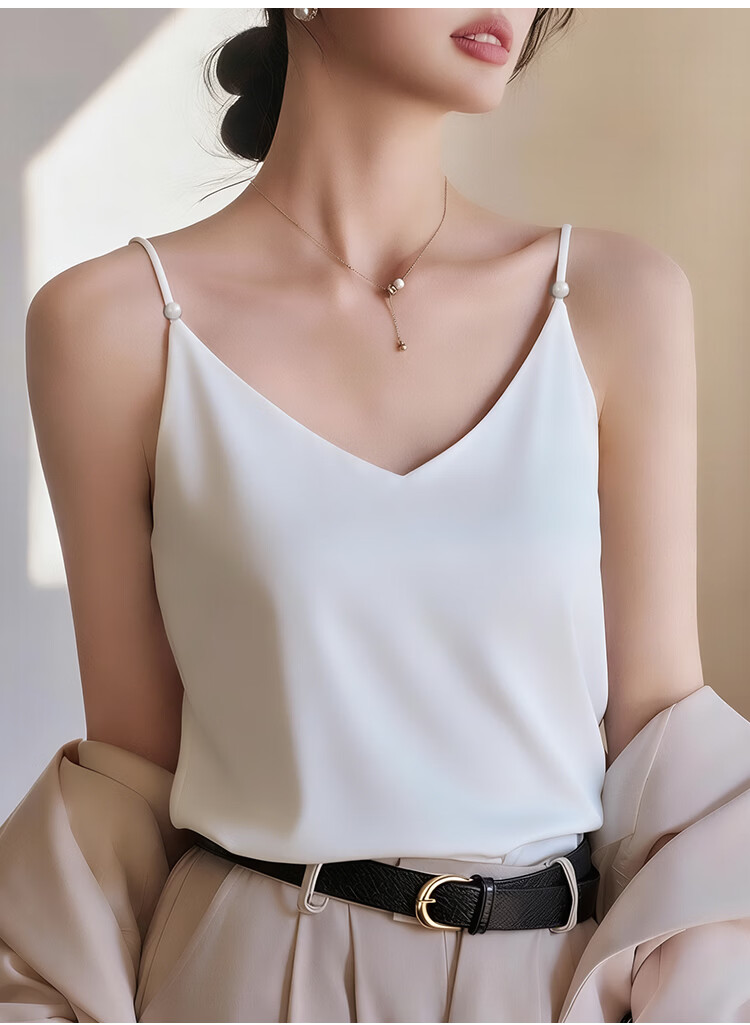Audifine French Style V-Neck Pearl Strap Satin Loose Fit Sleeveless Tank Top Black XL 2