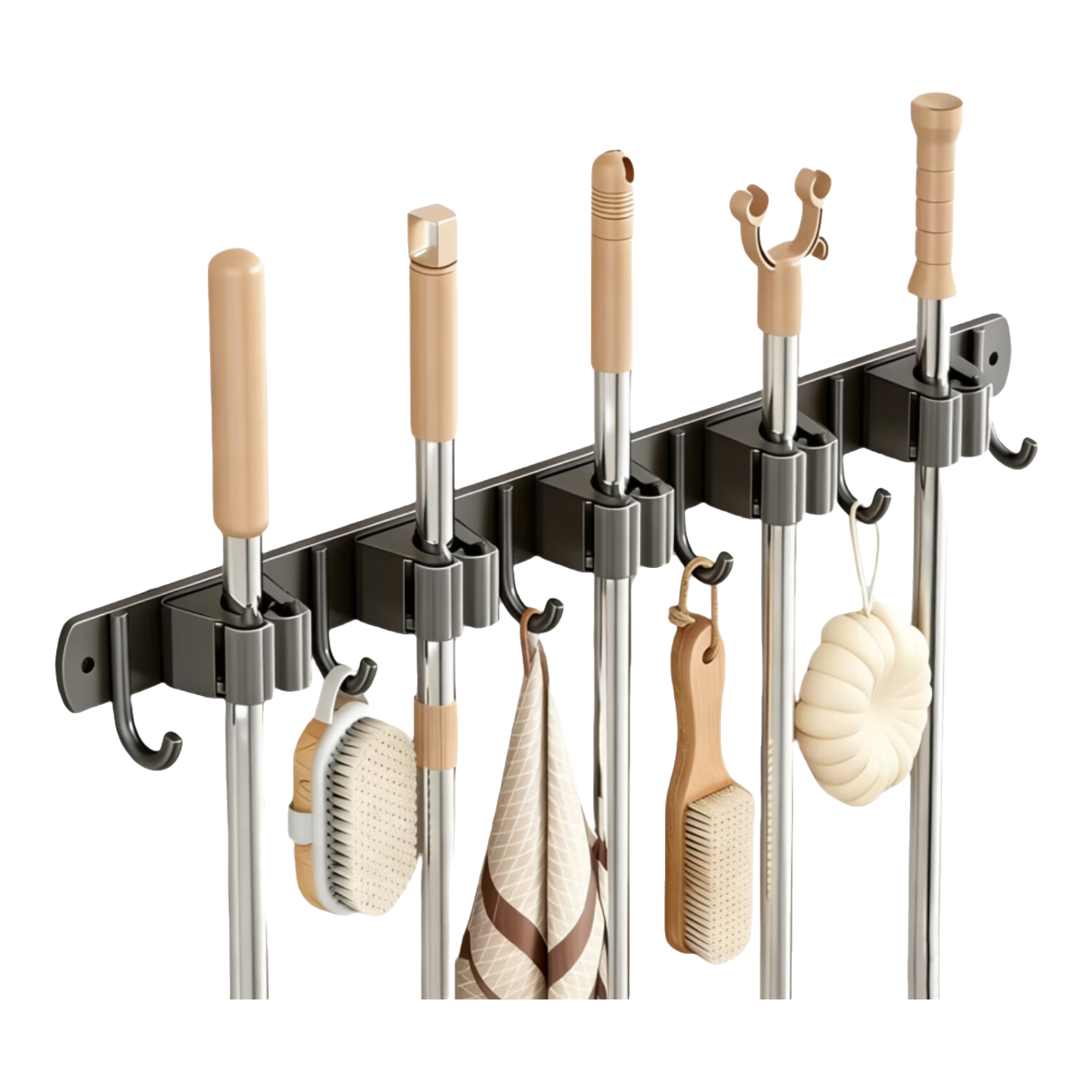 Xinpei 304 Stainless Steel Mop Hook [6 Hooks 5 Clips], No-Drill Mop Clip, Bathroom Mop Holder, Storage Rack