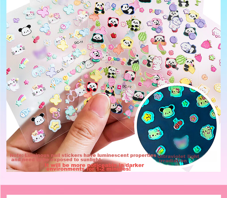 Diyu Glow-In Nail Stickers for Children And Girls, Embossed Nail Art Decals, Removable Waterproof 3-Year Baby Kids Fluorescent Nail Stickers 3