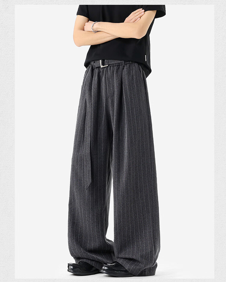 Dingfengbaoluo Men's Summer Loose Fit Striped Suit Pants Linen Texture Casual Trousers JUC32 Dark Gray 2XL 12