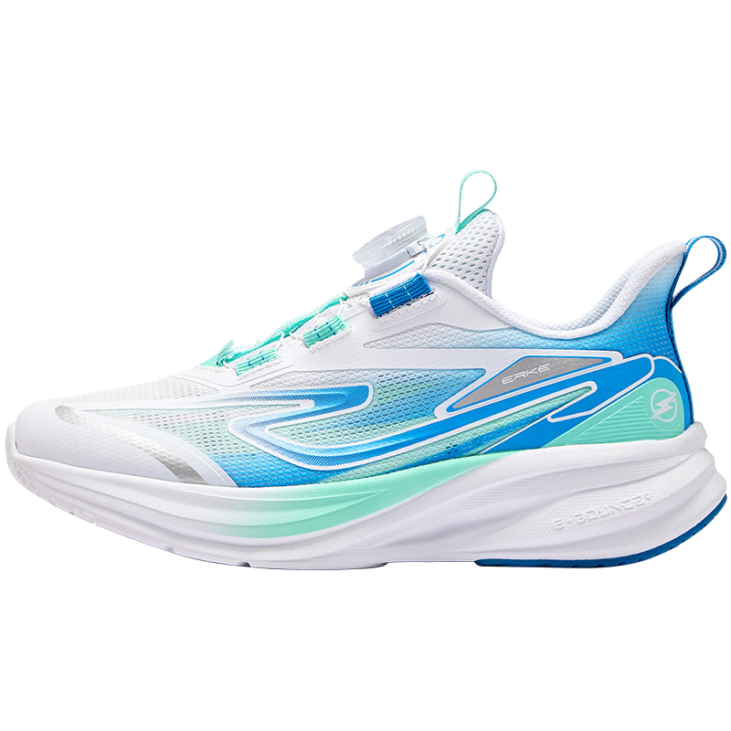 ERKE Kids Unisex Knob Buckle Sports Shoes Children's Cushioning Durable Running Shoes White/Lake Green/Sea Blue Size 36